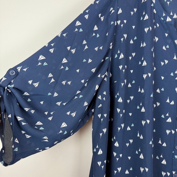 Catherine Top Women's 3X Blue White Sailboat Print Roll-Tab Sleeve Preppy Retro - Picture 5 of 7